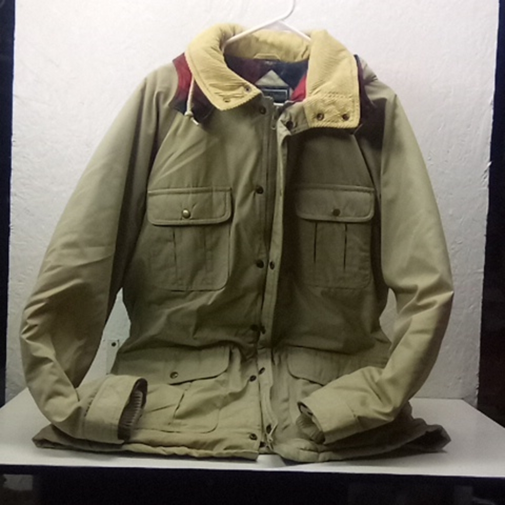Kenneth Roberts flannel inside outside polyester tan coat w detachable zip hood
